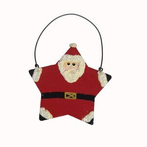Vintage Santa Star-Shaped Christmas Wood Ornament With Glitter Accents